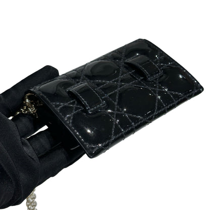 Used DIOR Cannage Patent Leather LADY DIOR NANO POUCH with CHAIN Chain Shoulder Bag Black GHW