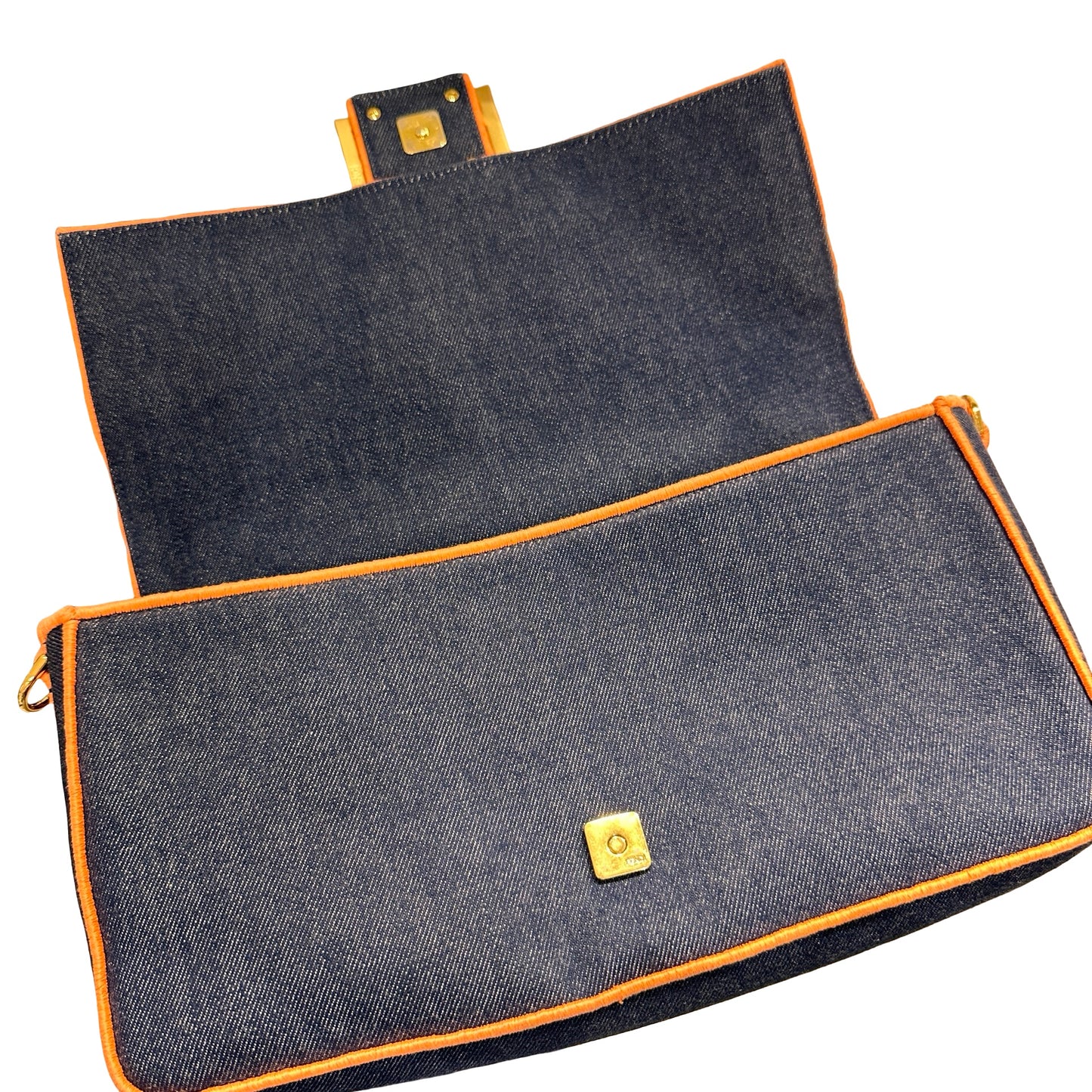 Used FENDI Denim BAEEGUETTE LARGE Shoulder Bag Navy Blue Orange