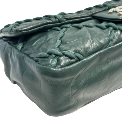 CHANEL Quilted Crinkled Calfskin Surpique Chain Shoulder Bag Dark Green Silver Hardware