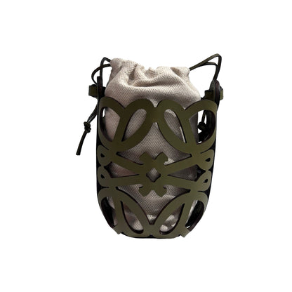 Used LOEWE Leather Canvas Anagram Cutout Pocket Bucket Bag Khaki Beige