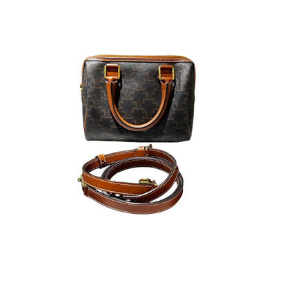 Used CÉLINE TRIOMPHE Canvas Small Boston Cross Body Bag Brown GHW