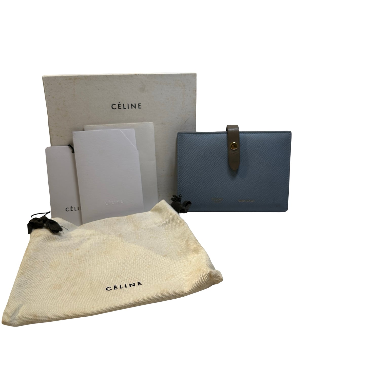 Used CELINE Grained Calfskin Strap Wallet Wallet Light Blue Khaki