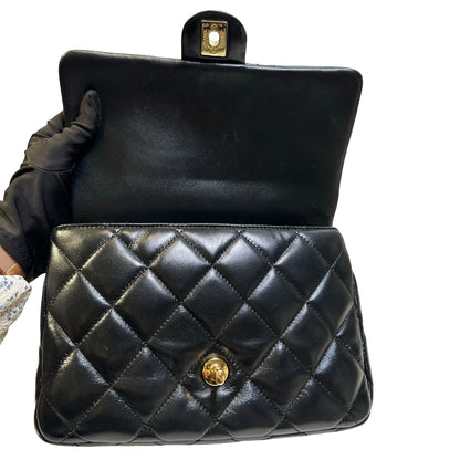 Used CHANEL Quilted Lambskin Top Handle Flap Bag Handbag Black