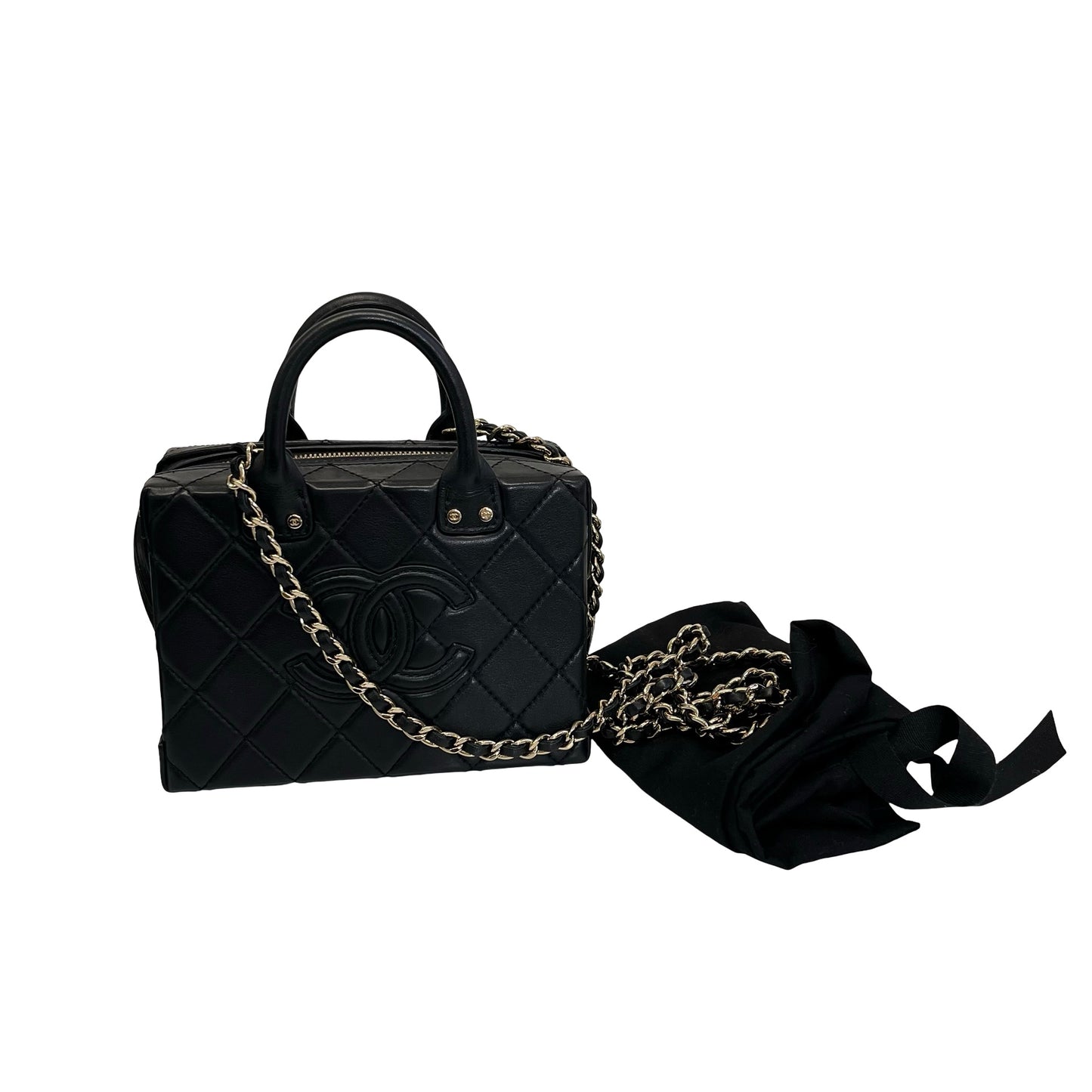 Used Chanel Calfskin Leather Vanity Case Shoulder Bag Black GHW
