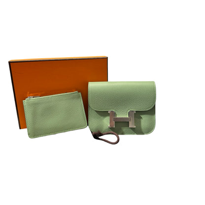 Used HERMÈS Calfskin Leather Constance Slim Wallet Green PHW