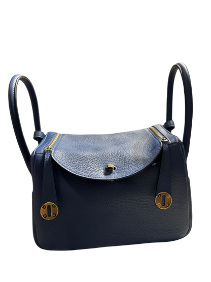 Brand New HERMES Clemence Lindy 26 Handbag Blue GHW