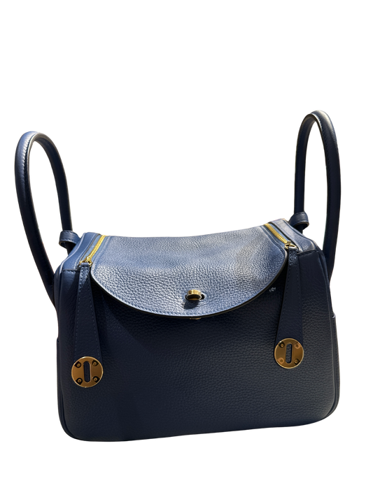 Brand New HERMES Clemence Lindy 26 Handbag Blue GHW