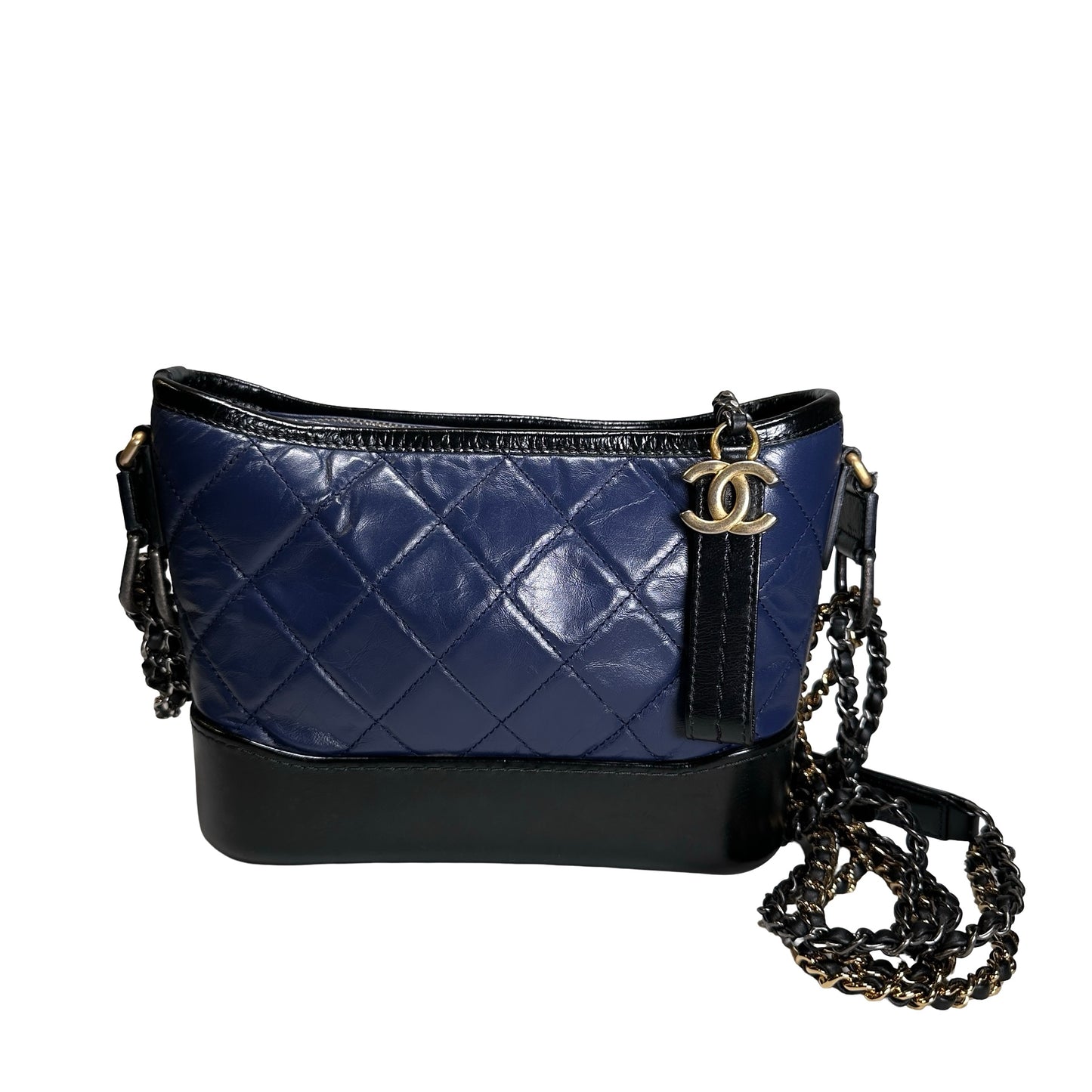 Used CHANEL Quilted Aged Calfskin Smooth Calfskin Gabrielle Hobo Bag Navy Black