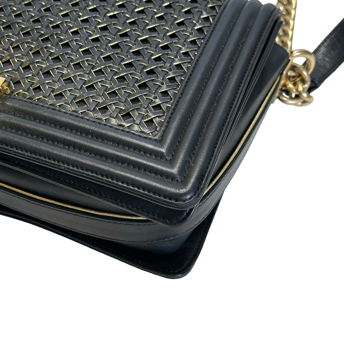 Used CHANEL Woven Leather Boy Chain Shoulder Bag Black Gold