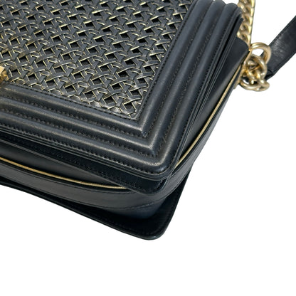 Used CHANEL Woven Leather Boy Chain Shoulder Bag Black Gold