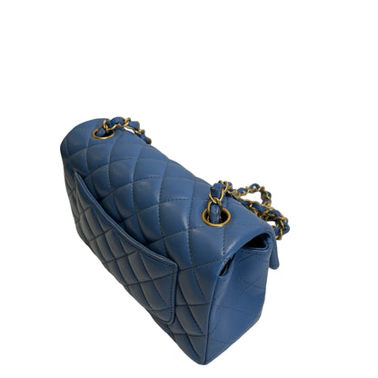 Used CHANEL Quilted Lambskin Classic Flap Handbag Blue Gold hardware