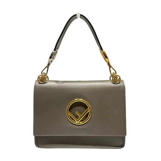 Used Fendi Calfskin Leather Kan I F Shoulder Bag Gray GHW