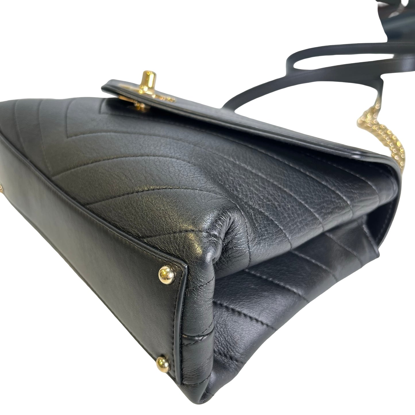 Used CHANEL Calf skin Chevron Top Handle Bag Shoulder Bag Black GHW