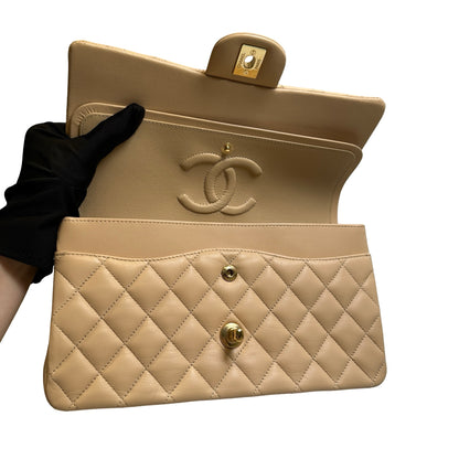 Used CHANEL Lambskin Classic Flap 25cm Chain shoulder bag Beige GHW