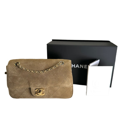 Brand New CHANEL Suede Classic Flap Shoulder Bag Beige GHW