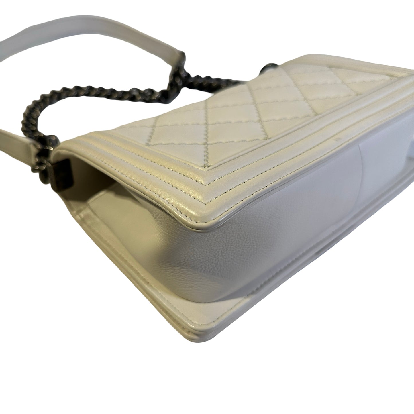Used CHANEL Quilted Calfskin Boy Chain Shoulder Bag White