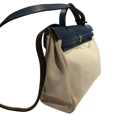 Used HERMES Canvas Leather Herbag Handbag Beige Blue