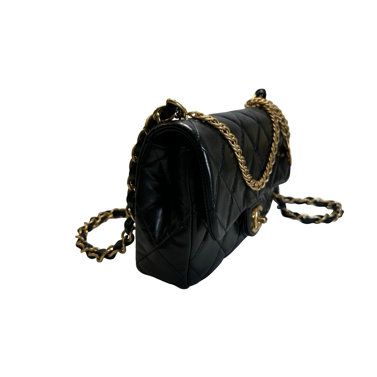 Used CHANEL Quilted Leather Classic Flap Chain shoulder bag Black Gold