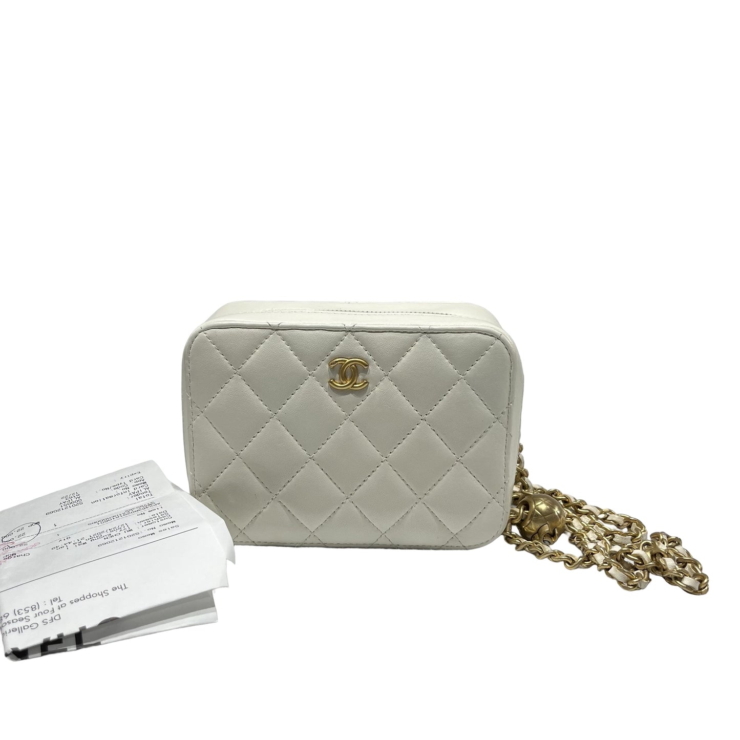 Used CHANEL Lambskin Leather Camera case with golden ball Camera Bag White GHW