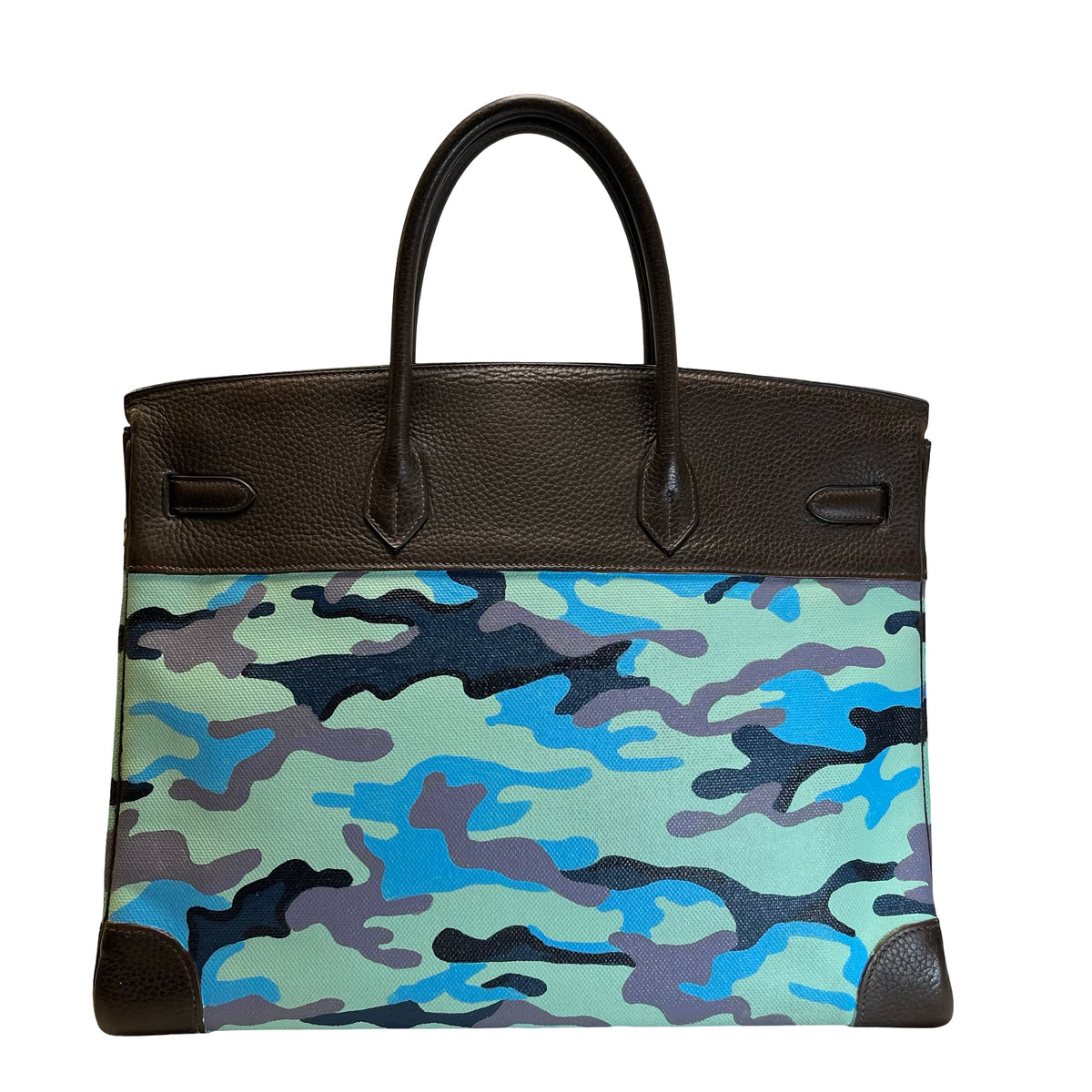 Used HERMES Camouflage Leather Toile HAC Birkin 35 Handbag Brown Blue Green