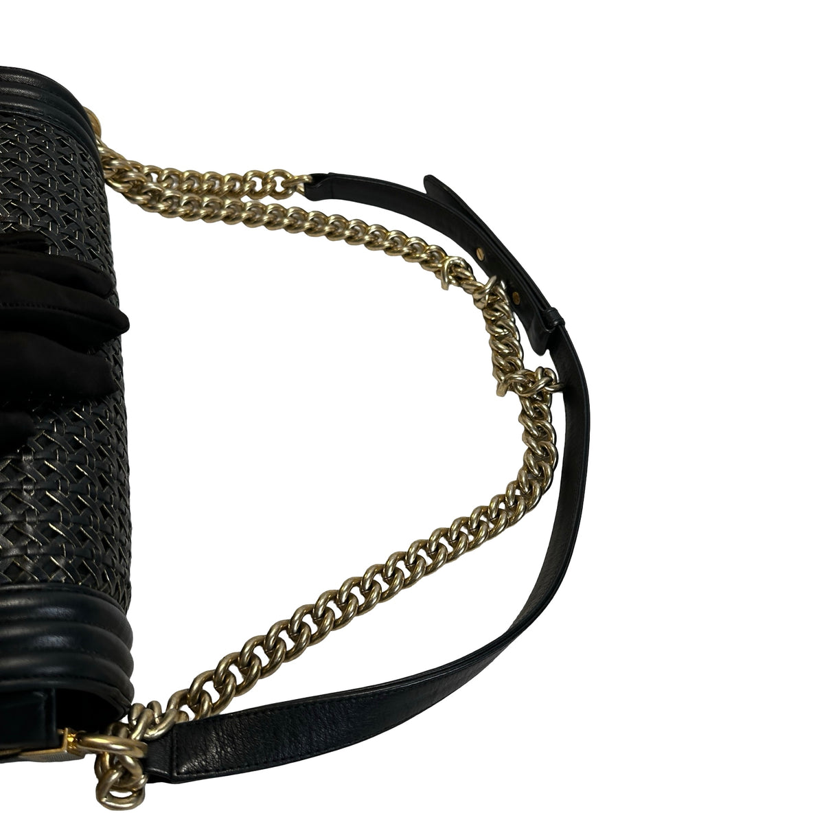 Used CHANEL Woven Leather Boy Chain Shoulder Bag Black Gold
