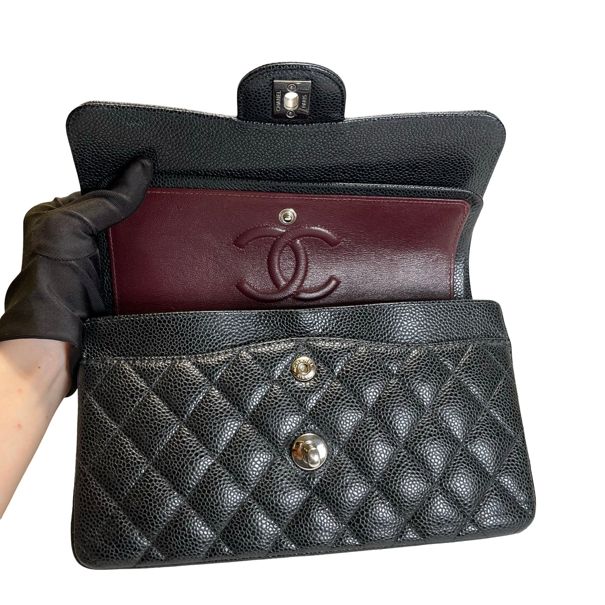 Used CHANEL Quilted Caviar Classic Flap 23 Chain Shoulder Bag Black Silver