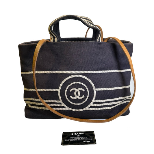 Used CHANEL Stripes CC Logo Deauville Tote Bag Navy Blue White Tan