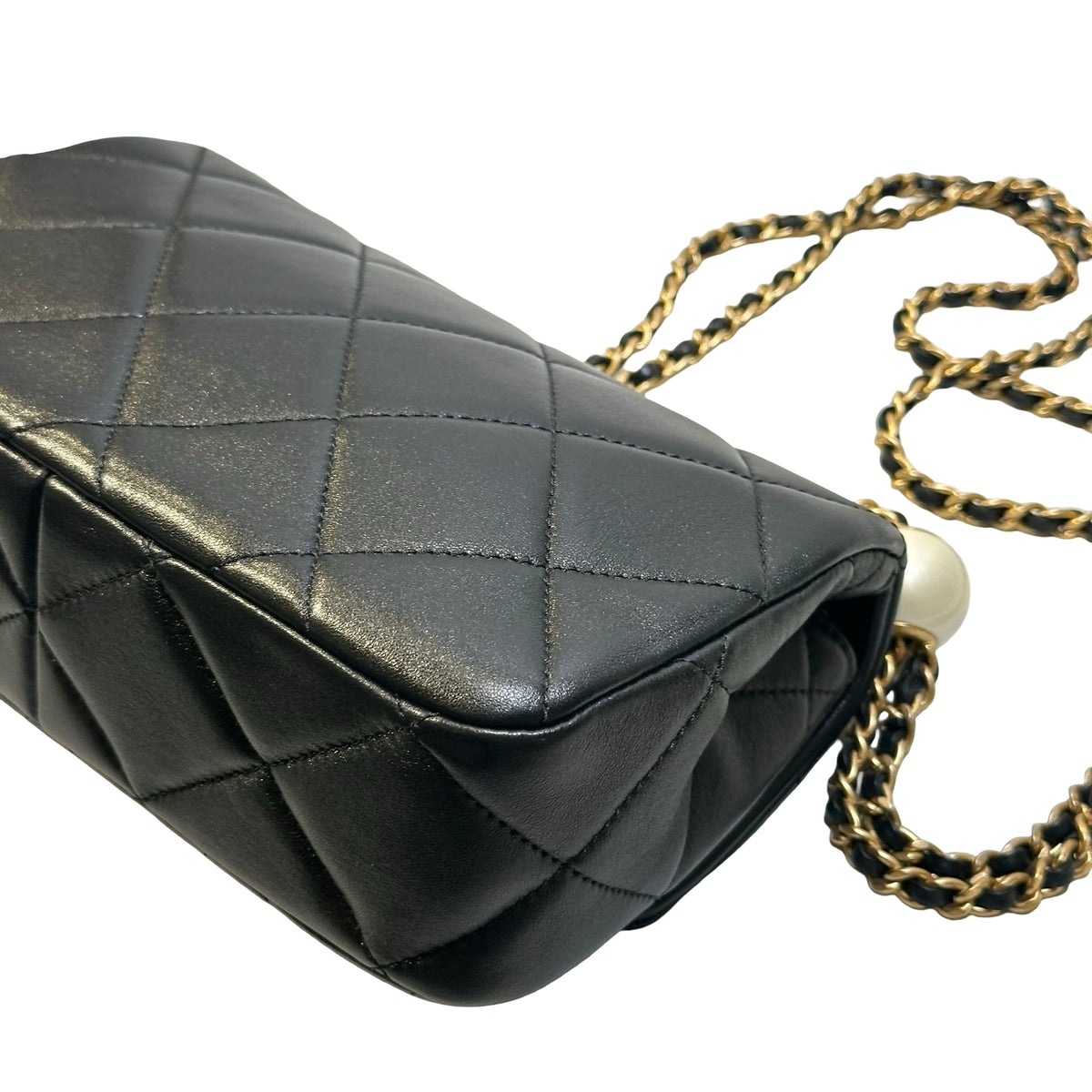 Used CHANEL Quilted Lambskin Mini Flap Bag with Pearl Crush Chain Shoulder Bag Black Gold hardware
