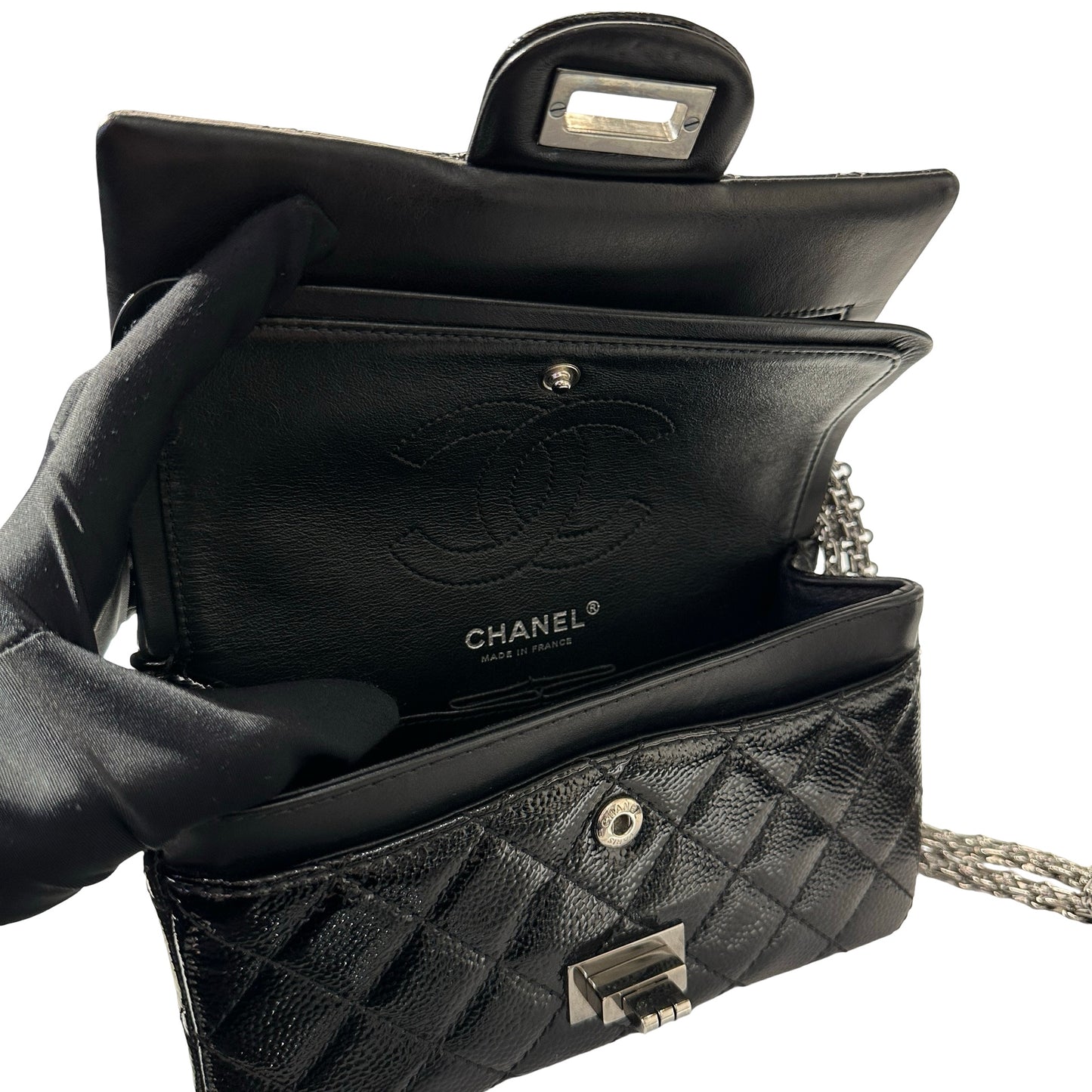 Used CHANEL Patent Leather 2.55 Mini 224 Double Flap Shoulder Bag Black PHW