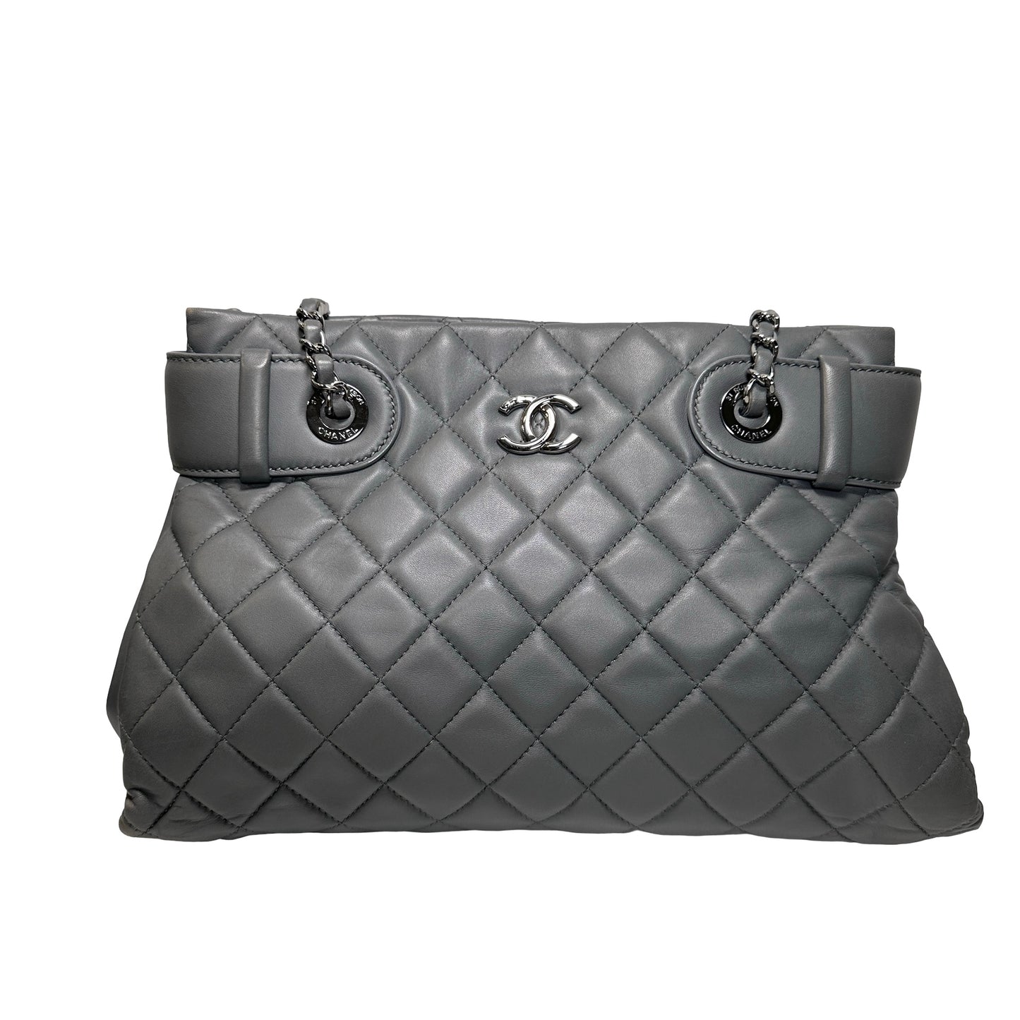 Used CHANEL Lambskin Leather Grey Tote Bag Grey PHW