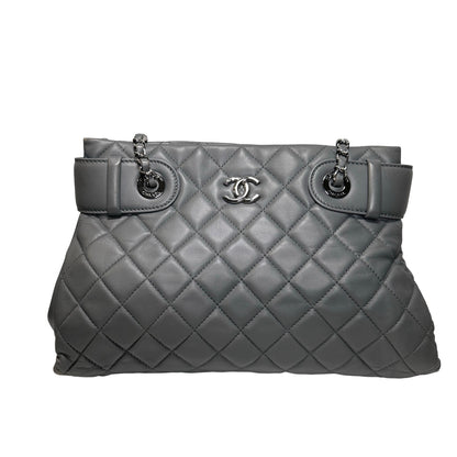 Used CHANEL Lambskin Leather Grey Tote Bag Grey PHW
