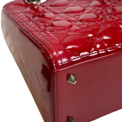 Used DIOR Cannage Patent Leather Lady Dior Handbag Red