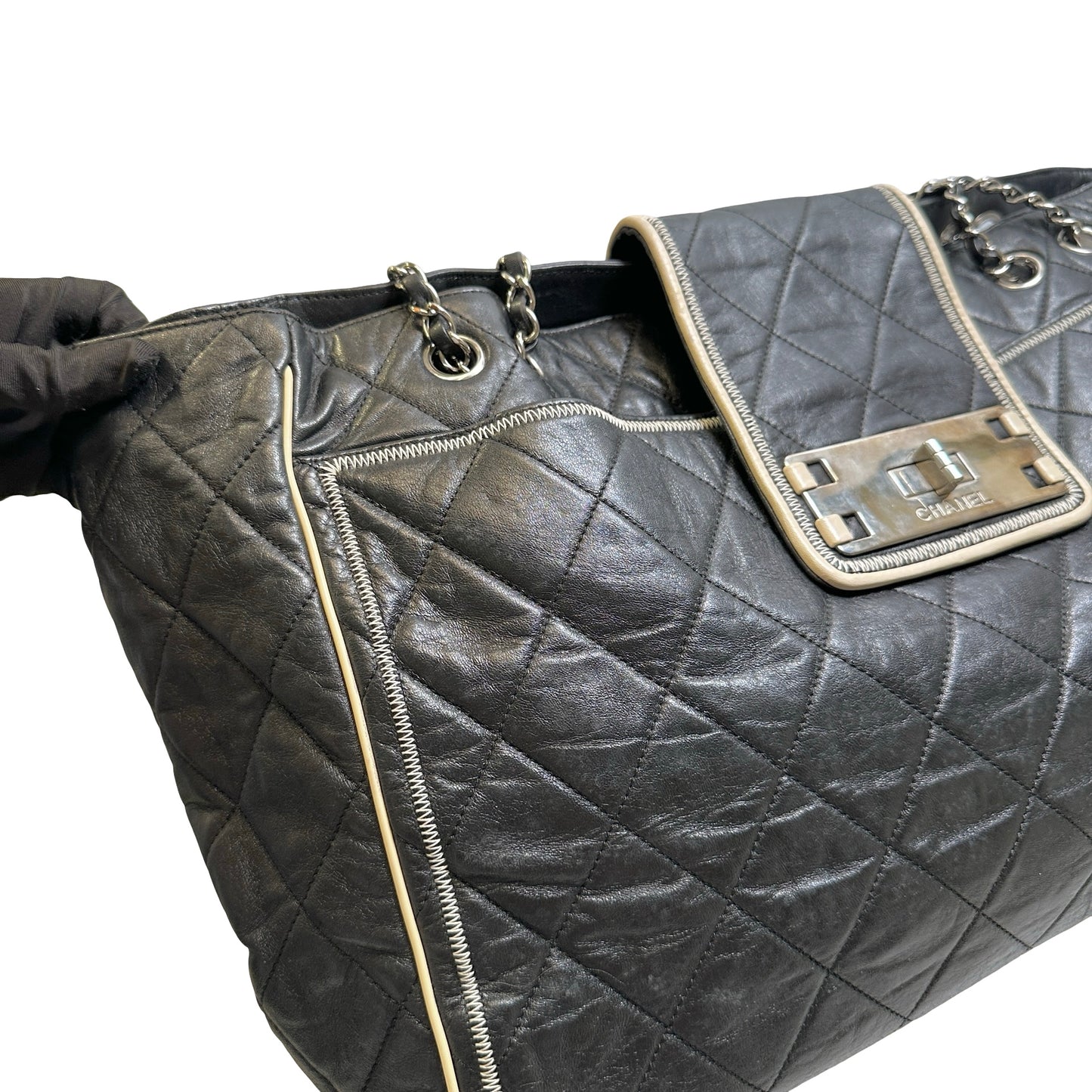 Used CHANEL Quilted Leather Quilted Tote Tote Bag Black Silver