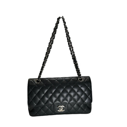 Used CHANEL Caviar Quilted Classic Flap Chain Shoulder Bag Black Silver
