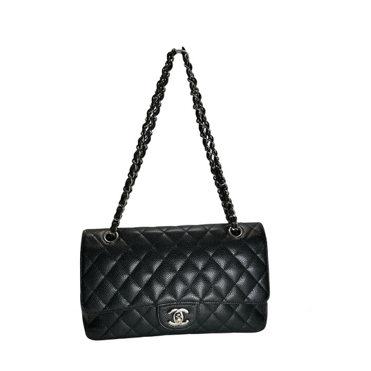 Used CHANEL Caviar Quilted Classic Flap Chain Shoulder Bag Black Silver