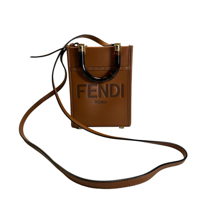Used FENDI Leather Sunshine Shopper Mini Tote Bag Brown