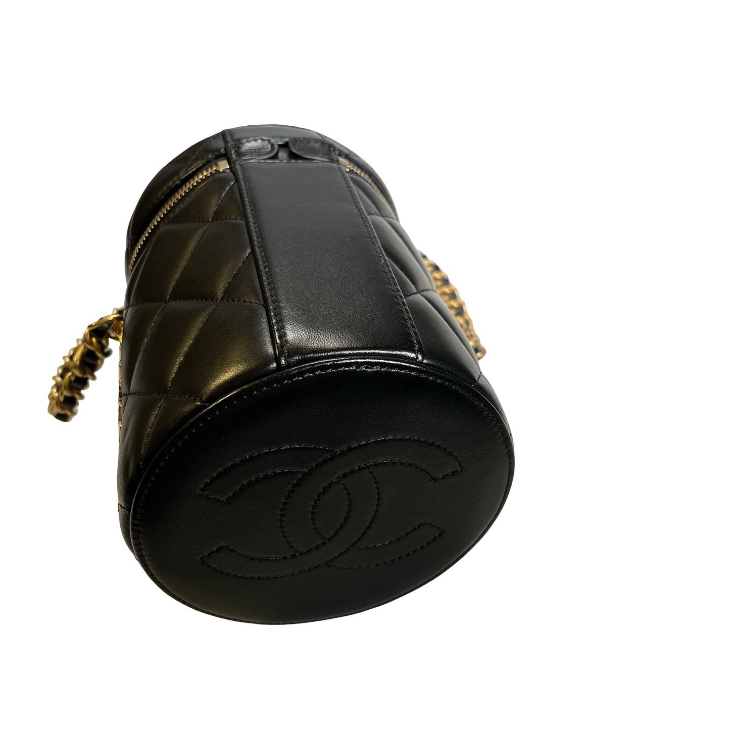 Used CHANEL Diamond Quilted Lambskin Cylindrical Vanity Case with Chain Vanity case Black GHW