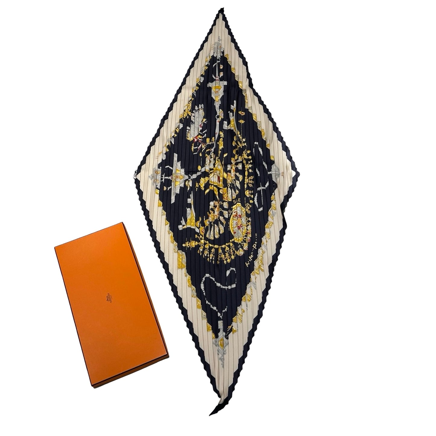 New Hermès  Scarf White Yellow Navy Blue