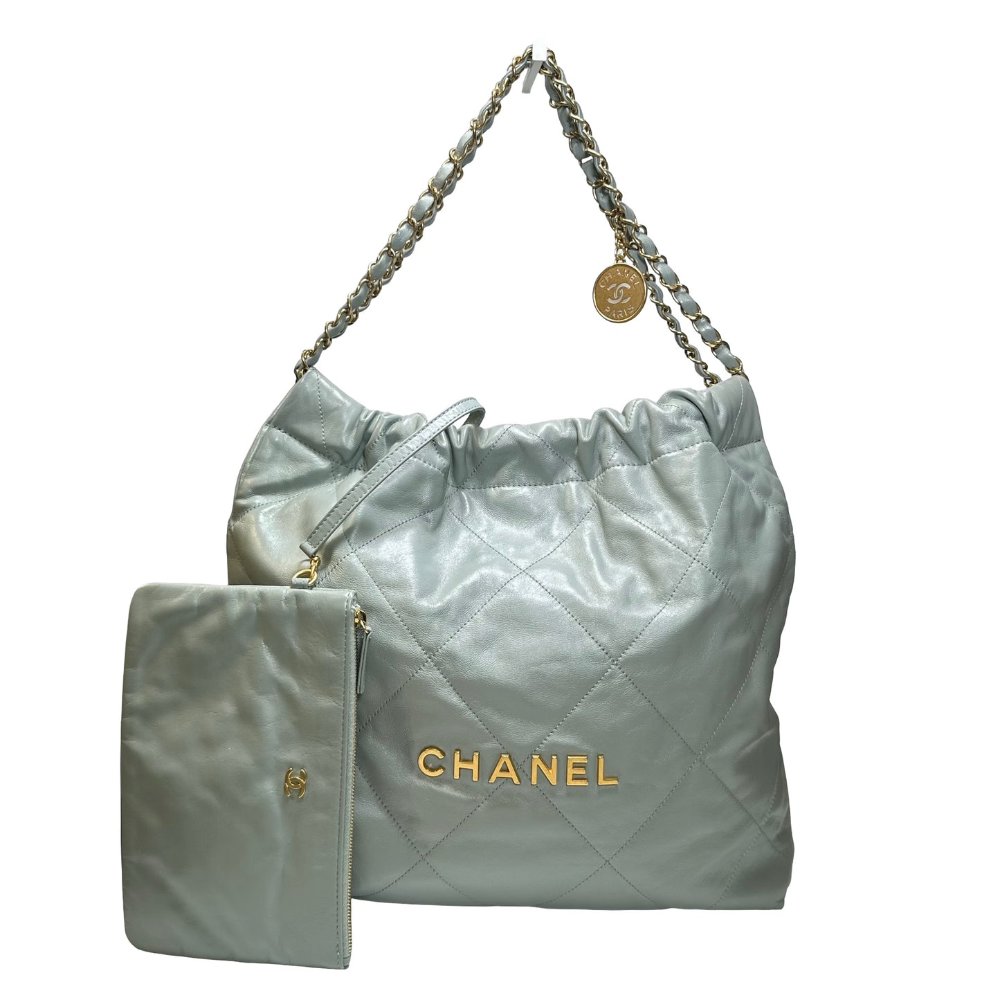 Used CHANEL Calfskin Leather 22 Medium Shoulder Bag Grey GHW