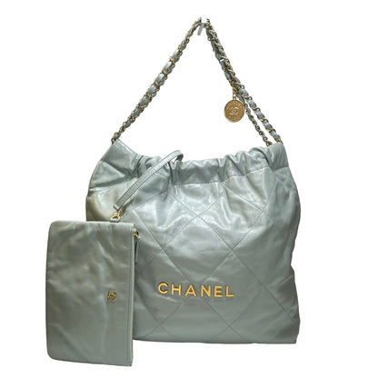 Used CHANEL Calfskin Leather 22 Medium Shoulder Bag Grey GHW