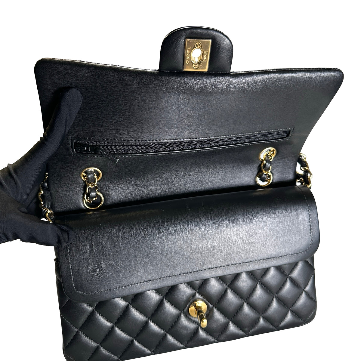Used CHANEL Quilted Lambskin Classic Flap Chain Shoulder Bag Black Gold