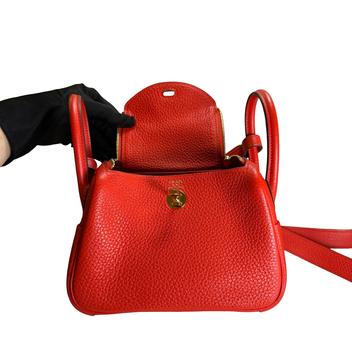 Used HERMES Togo Leather Mini Lindy Handbag Red GHW
