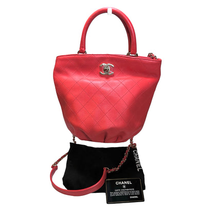 Used Chanel Lambskin Leather Bucket Bag Red PHW