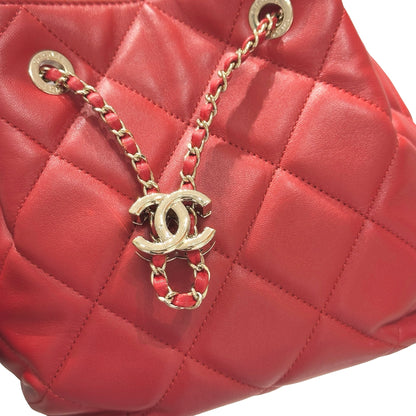 Used CHANEL Lambskin Leather MINI DRAWSTRING BUCKET Cross Body Bag Red