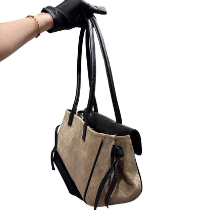 Brand New CHANEL Quilted Suede Leather Top Handle Flap Bag Shoulder Bag Beige Black