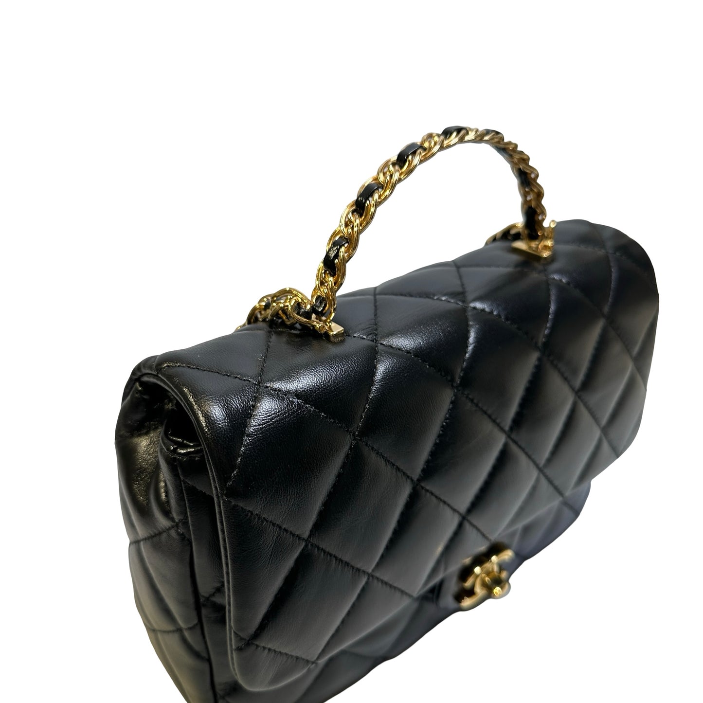 Used CHANEL Quilted Lambskin Top Handle Flap Bag Handbag Black