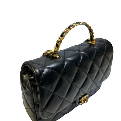 Used CHANEL Quilted Lambskin Top Handle Flap Bag Handbag Black