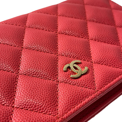 Used CHANEL Calfskin Leather Wallet Red GHW