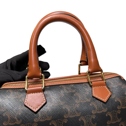 Used CÉLINE Calfskin Leather TRIOMPHE Canvas Boston small Shoulder Bag Brown GHW