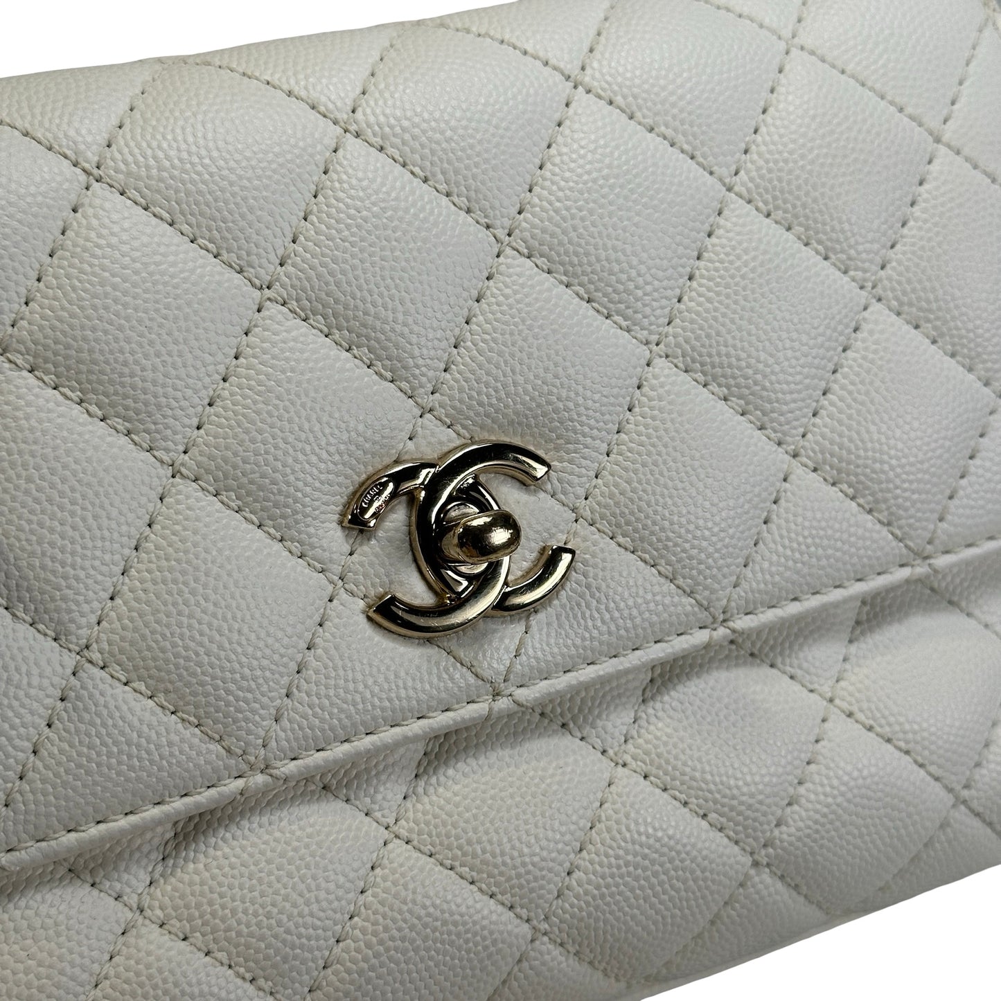 Used CHANEL Quilted Caviar Coco Handle Handbag White GHW